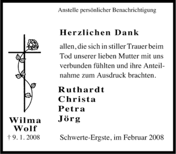 Traueranzeige von Wilma Wolf von Tageszeitung