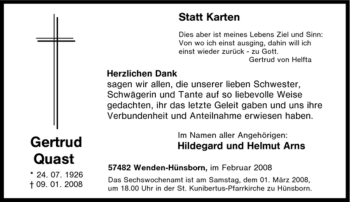 Traueranzeige von Gertrud Quast von Tageszeitung