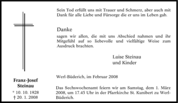 Traueranzeige von Franz-Josef Steinau von Tageszeitung