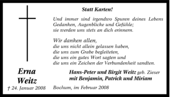 Traueranzeige von Erna Weitz von Tageszeitung