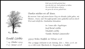 Traueranzeige von Ewald Lürbke von Tageszeitung