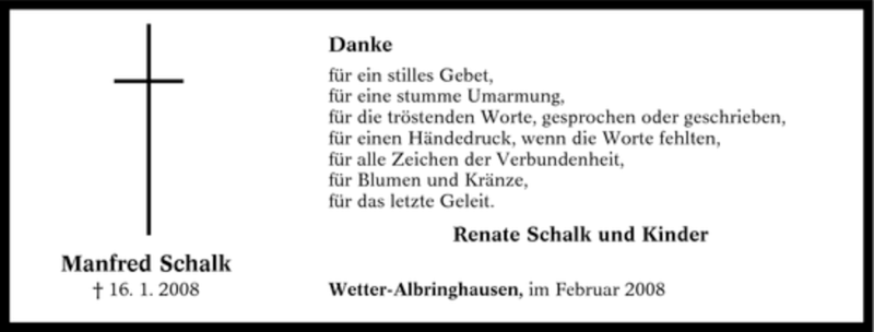  Traueranzeige für Manfred Schalk vom 23.02.2008 aus Tageszeitung