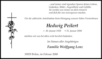Traueranzeige von Hedwig Peilert von Tageszeitung