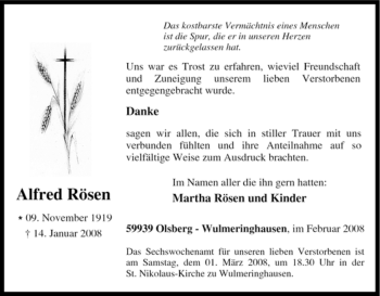 Traueranzeige von Alfred Rösen von Tageszeitung