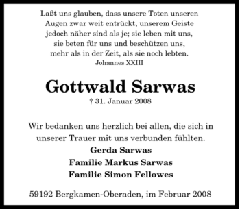 Traueranzeige von Gottwald Sarwas von Tageszeitung
