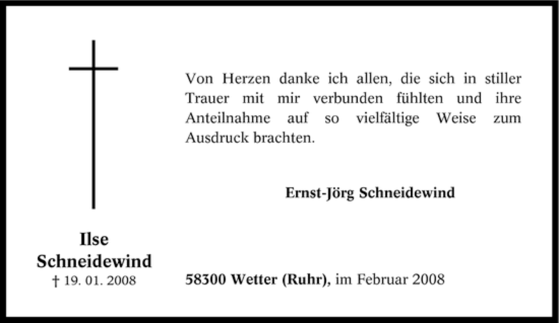  Traueranzeige für Ilse Schneidewind vom 23.02.2008 aus Tageszeitung