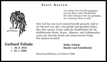 Traueranzeige von Gerhard Telinde von Tageszeitung
