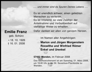 Traueranzeige von Emilie Franz von Tageszeitung