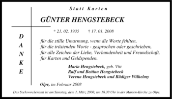 Traueranzeige von Günter Hengstebeck von Tageszeitung