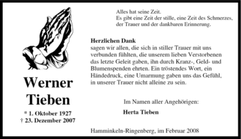 Traueranzeige von Werner Tieben von Tageszeitung