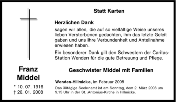 Traueranzeige von Franz Middel von Tageszeitung