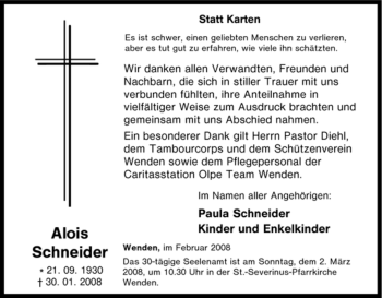 Traueranzeige von Alois Schneider von Tageszeitung