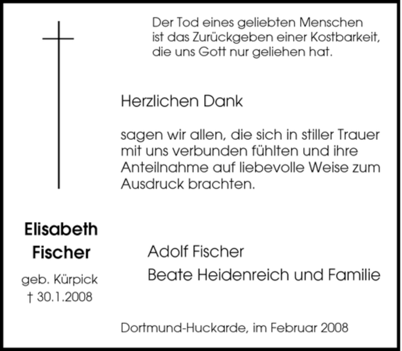  Traueranzeige für Elisabeth Fischer vom 27.02.2008 aus Tageszeitung