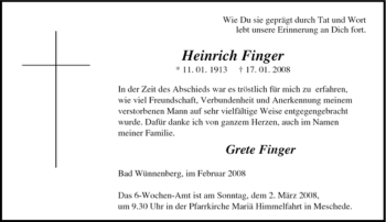 Traueranzeige von Heinrich Finger von Tageszeitung