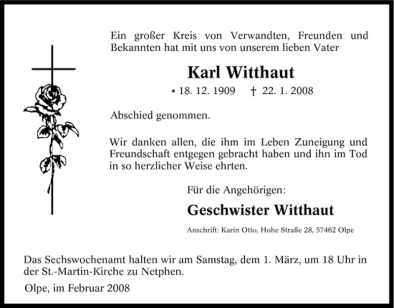  Traueranzeige für Karl Witthaut vom 27.02.2008 aus Tageszeitung