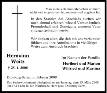 Traueranzeige von Hermann Weitz von Tageszeitung