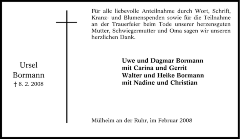  Traueranzeige für Ursel Bormann vom 27.02.2008 aus Tageszeitung