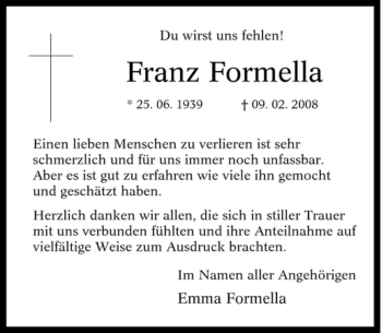 Traueranzeige von Franz Formella von Tageszeitung