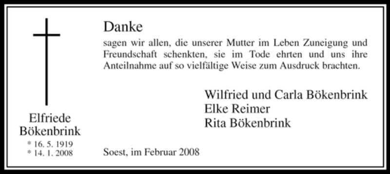  Traueranzeige für Elfriede Bökenbrink vom 27.02.2008 aus Tageszeitung