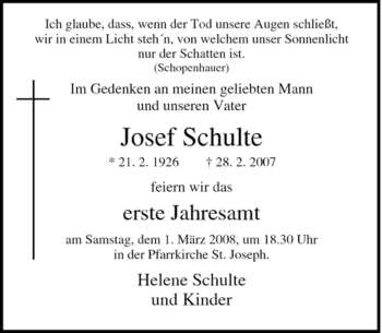 Traueranzeige von Josef Schulte von Tageszeitung