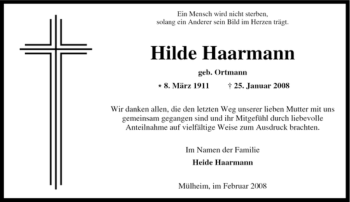 Traueranzeige von Hilde Haarmann von Tageszeitung