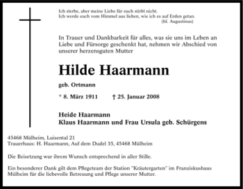 Traueranzeige von Hilde Haarmann von Tageszeitung