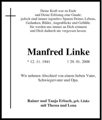 Traueranzeige von Manfred Linke von Tageszeitung