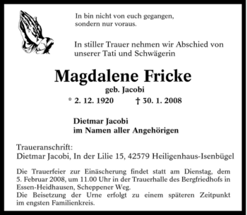Traueranzeige von Magdalene Fricke von Tageszeitung