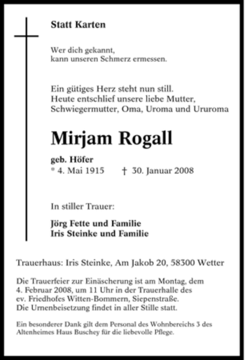 Traueranzeige von Mirjam Rogall von Tageszeitung