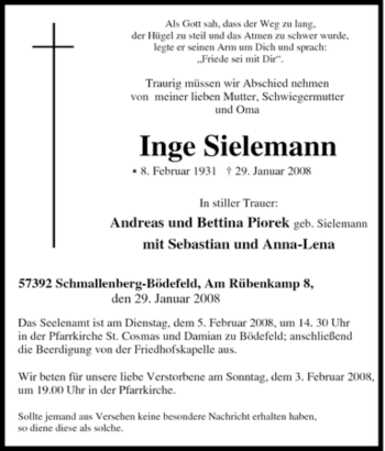 Traueranzeige von Inge Sielemann von Tageszeitung