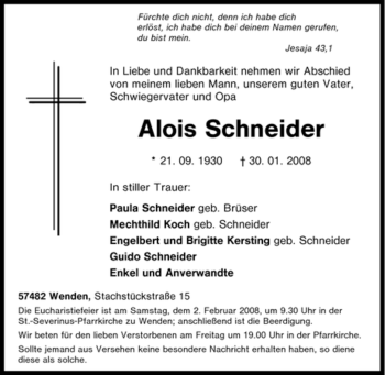 Traueranzeige von Alois Schneider von Tageszeitung