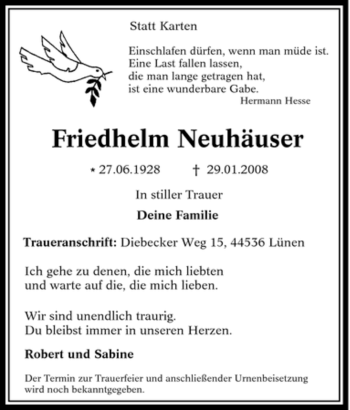 Traueranzeige von Friedhelm Neuhäuser von Tageszeitung
