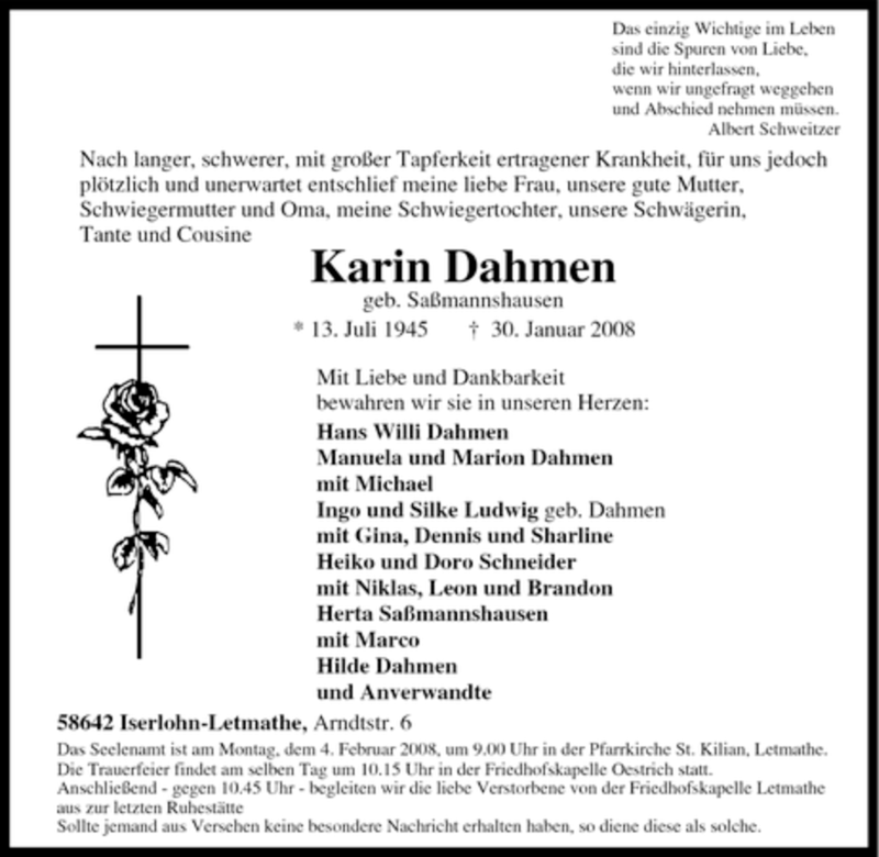  Traueranzeige für Karin Dahmen vom 01.02.2008 aus Tageszeitung