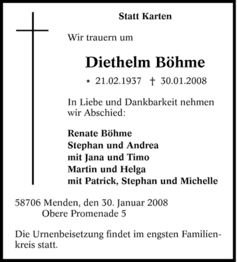  Traueranzeige für Diethelm Böhme vom 01.02.2008 aus Tageszeitung