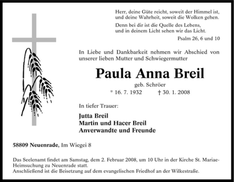 Traueranzeigen von Paula Anna Breil Trauer in NRW.de