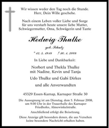 Traueranzeige von Hedwig Thulke von Tageszeitung