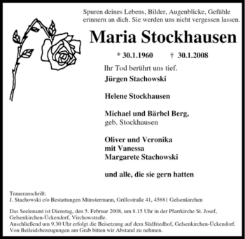 Traueranzeige von Maria Stockhausen von Tageszeitung