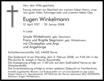 Traueranzeige von Eugen Winkelmann von Tageszeitung