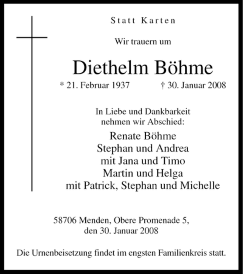  Traueranzeige für Diethelm Böhme vom 01.02.2008 aus Tageszeitung