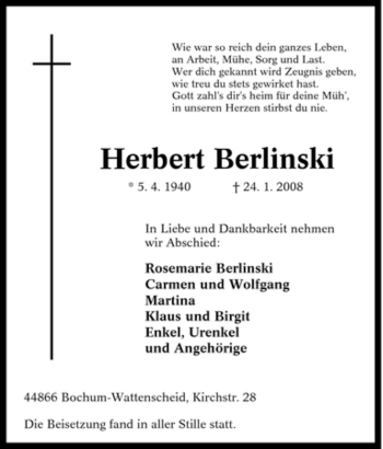 Traueranzeige von Herbert Berlinski von Tageszeitung