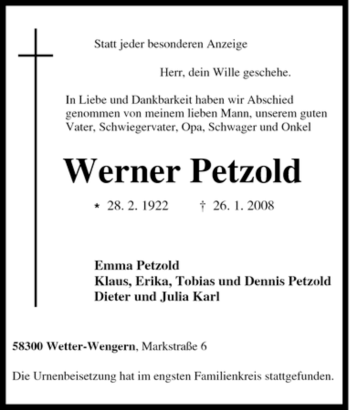 Traueranzeige von Werner Petzold von Tageszeitung