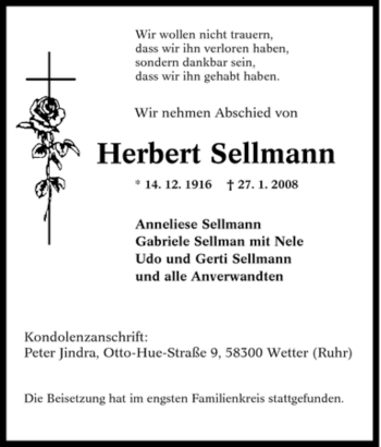 Traueranzeige von Herbert Sellmann von Tageszeitung