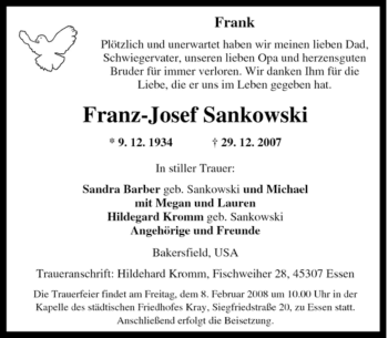 Traueranzeige von Franz-Josef Sankowski von Tageszeitung
