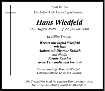 Traueranzeige von Hans Wiedfeld von Tageszeitung