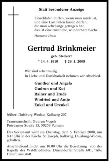 Traueranzeige von Gertrud Brinkmeier von Tageszeitung