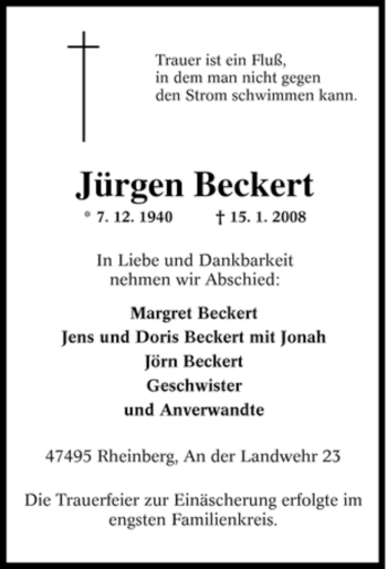 Traueranzeige von Jürgen Beckert von Tageszeitung