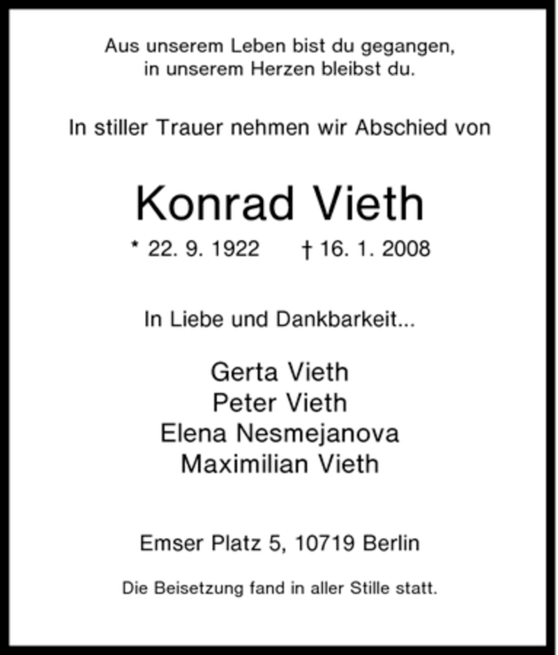  Traueranzeige für Konrad Vieth vom 02.02.2008 aus Tageszeitung