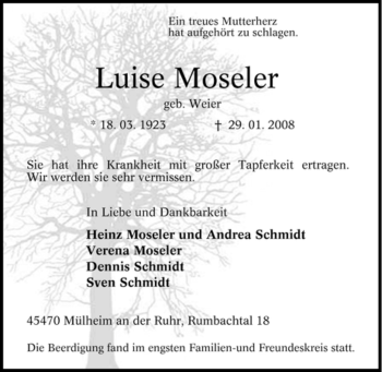 Traueranzeige von Luise Moseler von Tageszeitung