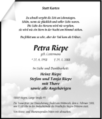 Traueranzeige von Petra Riepe von Tageszeitung
