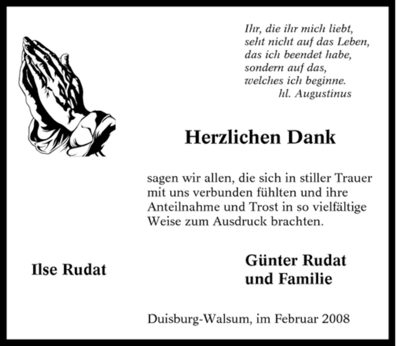  Traueranzeige für Ilse Rudat vom 02.02.2008 aus Tageszeitung